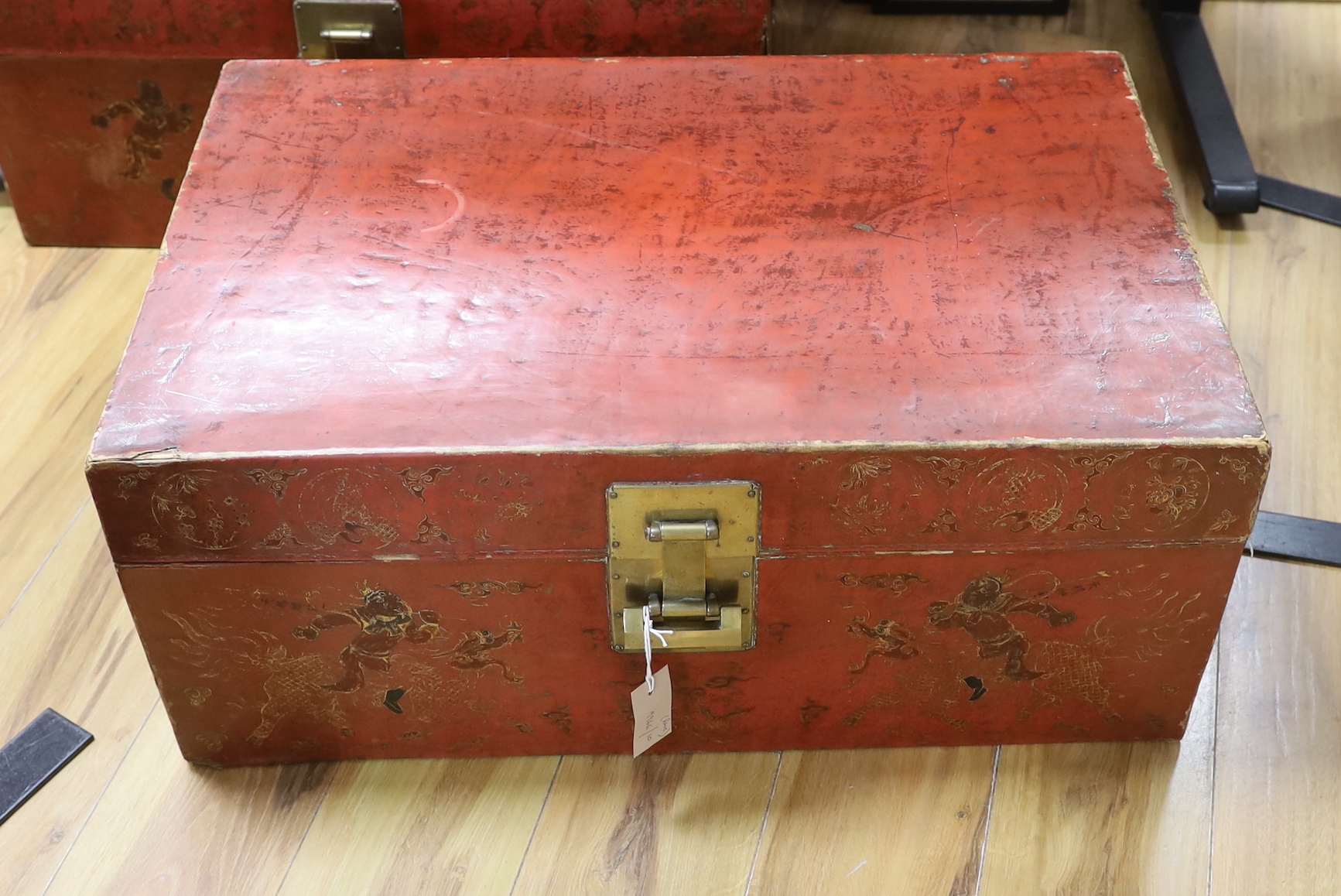 A pair of Chinese scarlet lacquer trunks